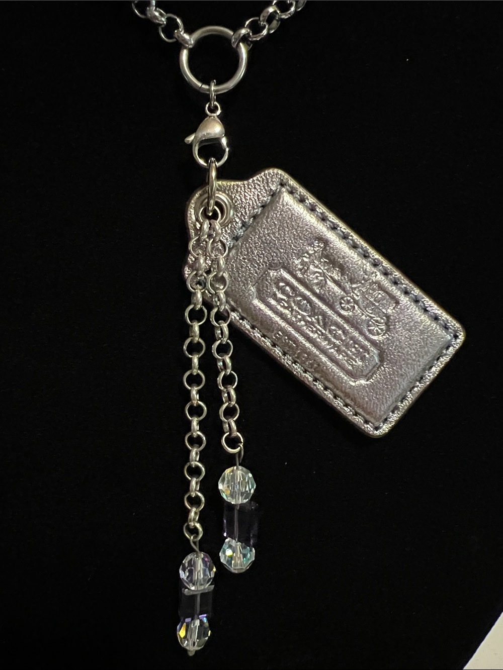 Coach Silver Metallic Leather Tag Necklace with Crystal Bead Dangles Detachable